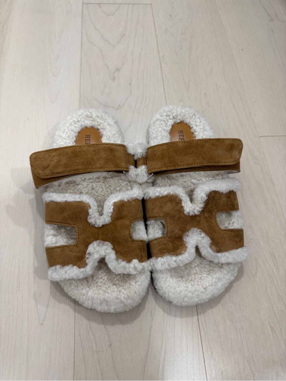 Classic Tan Suede Shearling Slide Sandals with White Trim